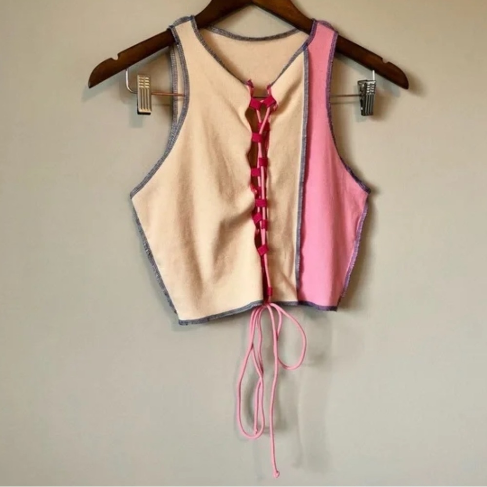 Shein Lace Tie Up Patchwork Cleavage Cropped Sleeveless Crop Tank Top Cream - Picture 11 of 11